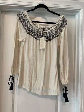 Vintage America Cream Off-Shoulder Embroidered Tunic with Navy Tassels S NWT